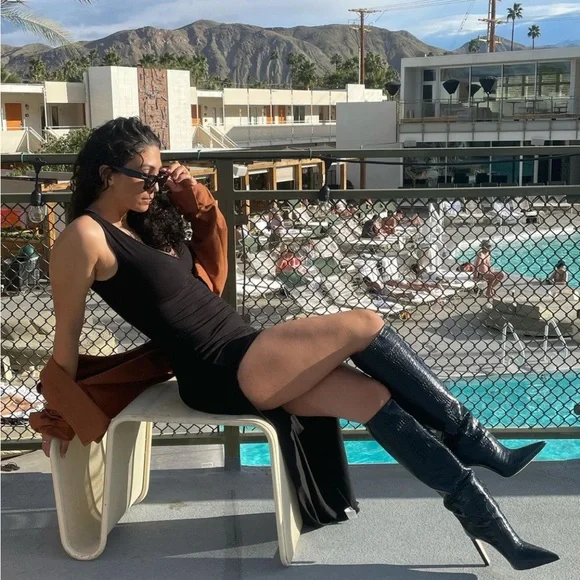 Jimmy Choo Mavis 100 Navy Croc Embossed leather knee high boots - Picture 4 of 7